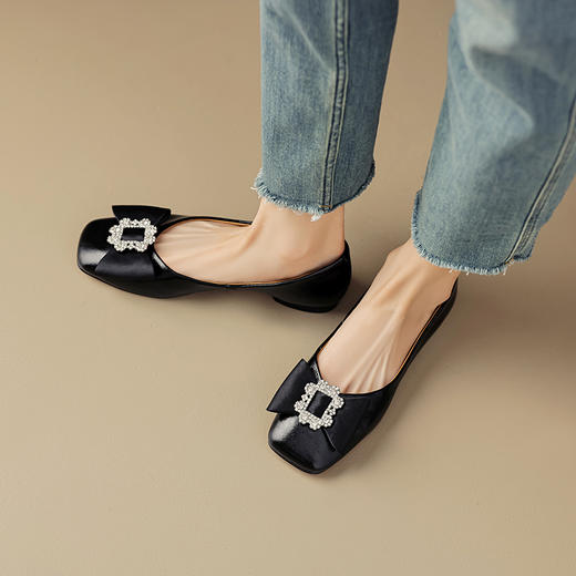 真皮方头蝴蝶结，复古休闲平底鞋OFSM-OF6786 商品图1