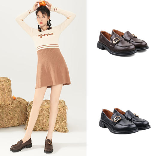 Safiya/索菲娅 2023秋季复古饰扣一脚蹬英伦软底粗跟小皮鞋乐福鞋 SF33112006 商品图0