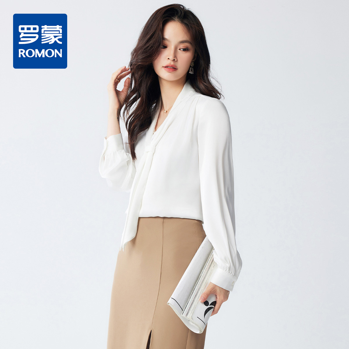 【系带领口】罗蒙长袖衬衫气质优雅清新日常商务通勤V领衬衫女