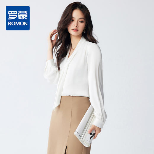 【系带领口】罗蒙长袖衬衫气质优雅清新日常商务通勤V领衬衫女 商品图0