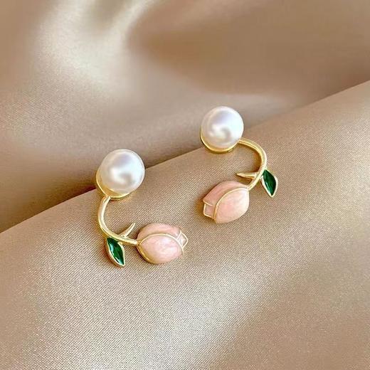 郁金香耳钉两戴后挂式粉色花朵耳环夏天小清新s925银针珍珠耳饰女 商品图3