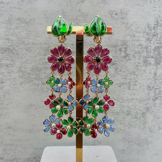 订购5个月到｜Gripoix Paris-Multi Flower-多花朵 长款 耳夹［法国设计师］ 商品图1