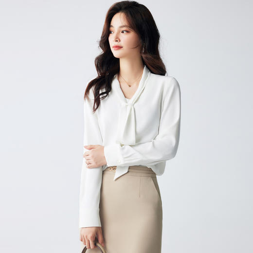 【系带领口】罗蒙女式长袖衬衫时尚优雅简约百搭气质V领通勤女衬衫 商品图7