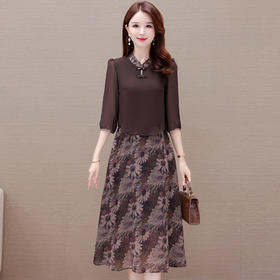 秋季新款，七分袖中长款印花裙优雅女装A字裙假两件连衣裙QYM-KED-H1275-Y