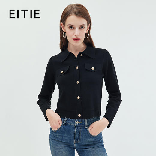 EITIE/爱特爱可机洗羊毛衫时尚显瘦黑色polo翻领针织开衫秋新款C01208 商品图0