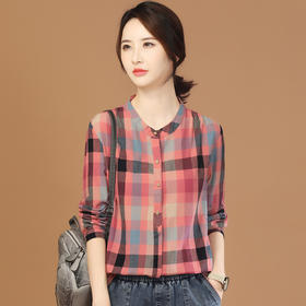秋季多巴胺立领格子长袖衬衣，新款气质衬衫设计感上衣GYM-B1557