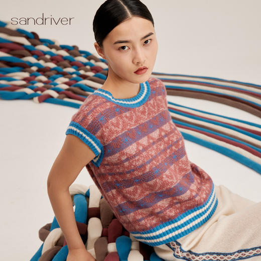 羊绒桑蚕丝提花圆领无袖套衫SJF95W515K 商品图1