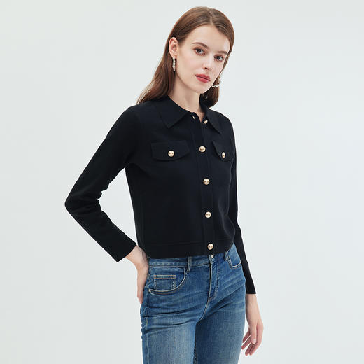 EITIE/爱特爱可机洗羊毛衫时尚显瘦黑色polo翻领针织开衫秋新款C01208 商品图1