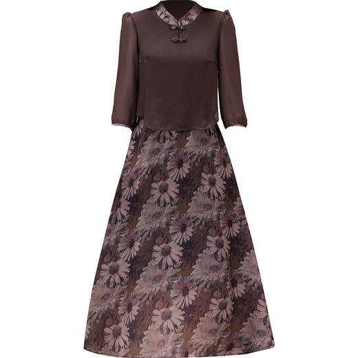 秋季新款，七分袖中长款印花裙优雅女装A字裙假两件连衣裙QYM-KED-H1275-Y 商品图4