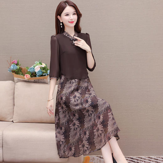 秋季新款，七分袖中长款印花裙优雅女装A字裙假两件连衣裙QYM-KED-H1275-Y 商品图1
