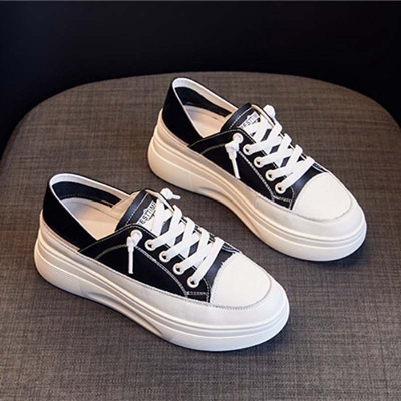 内增高圆头绑带平跟真皮休闲鞋