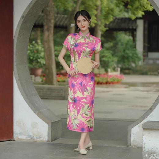 夏季新中式国风盘扣低开叉粉色芍药印花改良旗袍GSJ-3373 商品图3