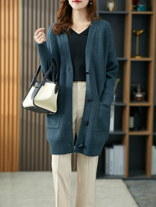 YX【现货7天】毛衣开衫女中长款秋季2023新款针织衫外套韩版潮宽松外搭上衣 商品图1