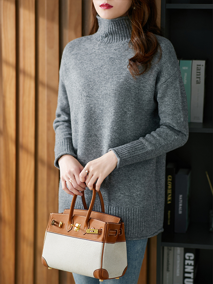 YX【现货7天】慵懒风套头毛衣女宽松2022秋季韩版高领中长款羊毛打底针织衫