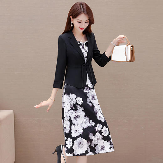 印花简约中长款时尚内搭连衣裙，七分袖通勤小西装两件套QYM-XQD-19C6622-L 商品图2