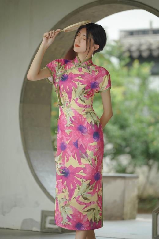 夏季新中式国风盘扣低开叉粉色芍药印花改良旗袍GSJ-3373 商品图2