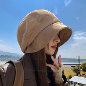 春夏网红法式麂皮绒渔夫帽女慵懒风鸭舌堆堆帽子气质显脸小贝雷帽