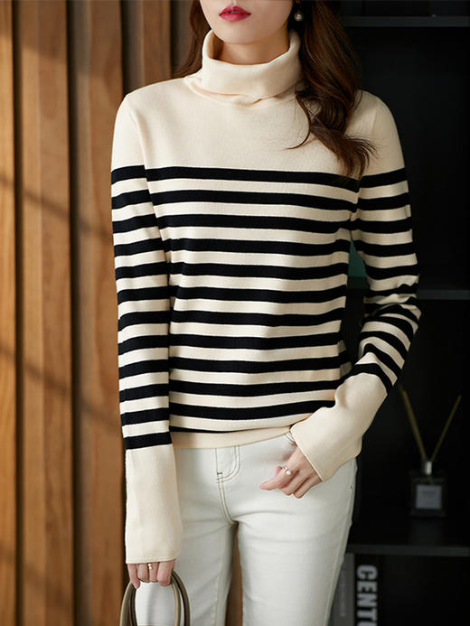 YX【现货7天】原形条纹高领毛衣女2022春季新款韩版显瘦毛针织衫保暖打底衫内搭 商品图0