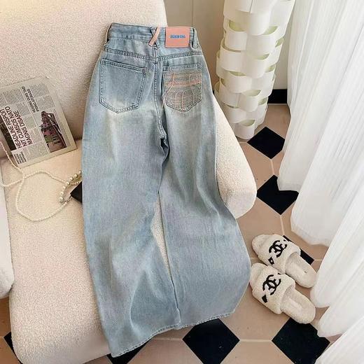 【GZ】无忧购韩版设计感撞色刺绣口袋高腰直筒宽松显瘦牛仔裤8853（截单后7天发货)25年清仓捡漏 商品图5