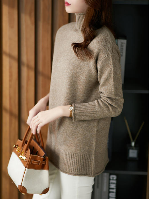 YX【现货7天】慵懒风套头毛衣女宽松2022秋季韩版高领中长款羊毛打底针织衫 商品图3