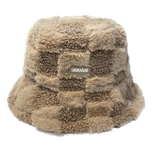 日系羊羔绒格纹渔夫帽女秋冬加厚保暖网红盆帽子字母水桶帽显脸小 商品图4