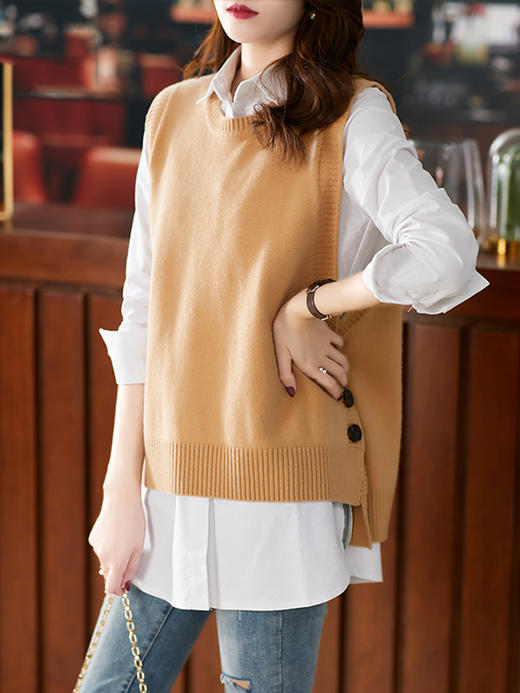 YX【现货7天】羊毛针织衫女外穿2023秋季新款韩版宽松设计感无袖毛衣背心 商品图1