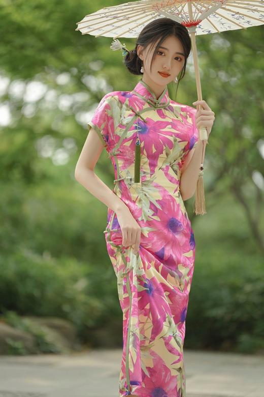 夏季新中式国风盘扣低开叉粉色芍药印花改良旗袍GSJ-3373 商品图1