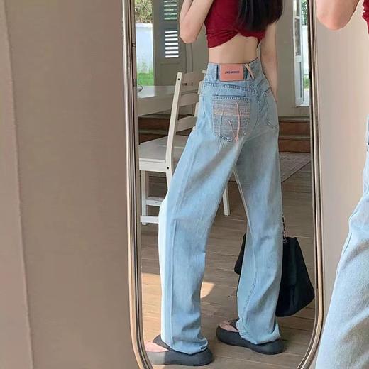 【GZ】无忧购韩版设计感撞色刺绣口袋高腰直筒宽松显瘦牛仔裤8853（截单后7天发货)25年清仓捡漏 商品图3