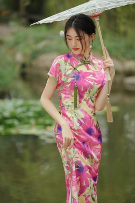 夏季新中式国风盘扣低开叉粉色芍药印花改良旗袍GSJ-3373