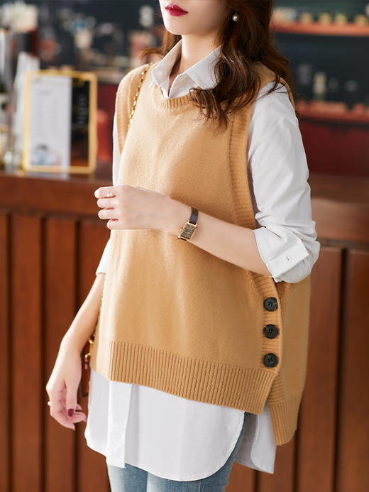 YX【现货7天】羊毛针织衫女外穿2023秋季新款韩版宽松设计感无袖毛衣背心 商品图0