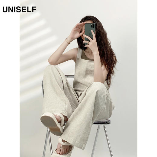 YN【现货7天】粉色法式亚麻背带裤女2023年夏季新款韩版休闲百搭慵懒宽松阔腿裤 商品图4