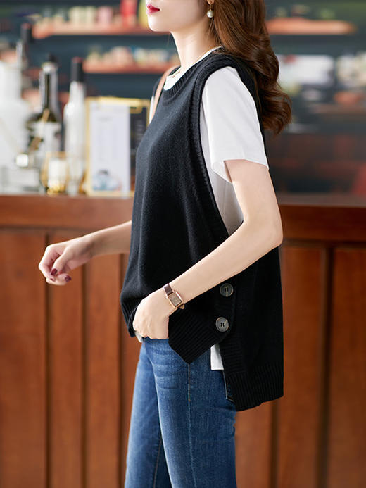 YX【现货7天】羊毛针织衫女外穿2023秋季新款韩版宽松设计感无袖毛衣背心 商品图3