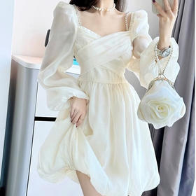 【初恋的美好❗️法式方领长袖连衣裙】女秋装新款甜美初恋风收腰显瘦花苞短裙