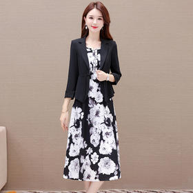 印花简约中长款时尚内搭连衣裙，七分袖通勤小西装两件套QYM-XQD-19C6622-L