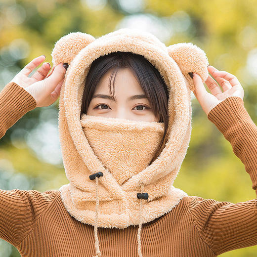 韩版女冬天棉帽子户外骑行电动车护耳保暖帽儿童加绒帽子围巾一体 商品图5