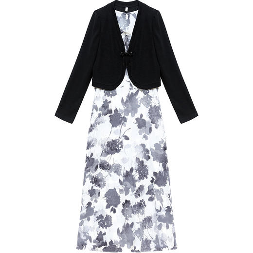 秋季新款，女装印花打底裙中长裙+短款黑色外套两件套连衣裙QYM-JJ-92501-Y 商品图4