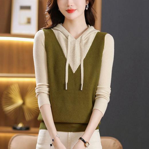 春秋新款，修身长袖撞色时尚拼色连帽无袖背心针织套头上衣CC-101-72303 商品图2