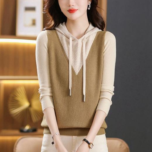 春秋新款，修身长袖撞色时尚拼色连帽无袖背心针织套头上衣CC-101-72303 商品图0
