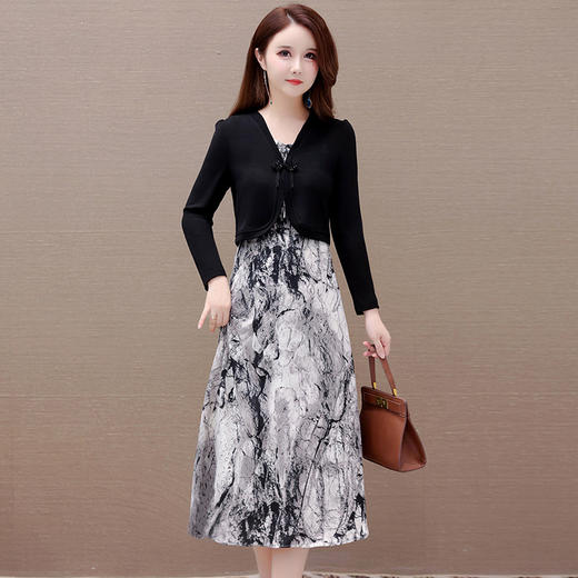 秋季新款，女装印花打底裙中长裙+短款黑色外套两件套连衣裙QYM-JJ-92501-Y 商品图5