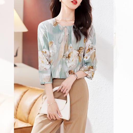 KQ-19175系带双绉真丝上衣女士秋新款宽松大码小衫设计感七分袖桑蚕丝衬衫 商品图0