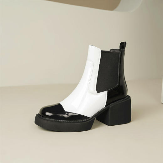 秋季新款，粗跟中跟方头方高跟松糕底黑白拼色短靴YD-6603 商品图4