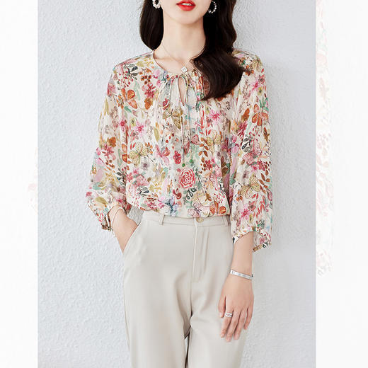 KQ-19175系带双绉真丝上衣女士秋新款宽松大码小衫设计感七分袖桑蚕丝衬衫 商品图3