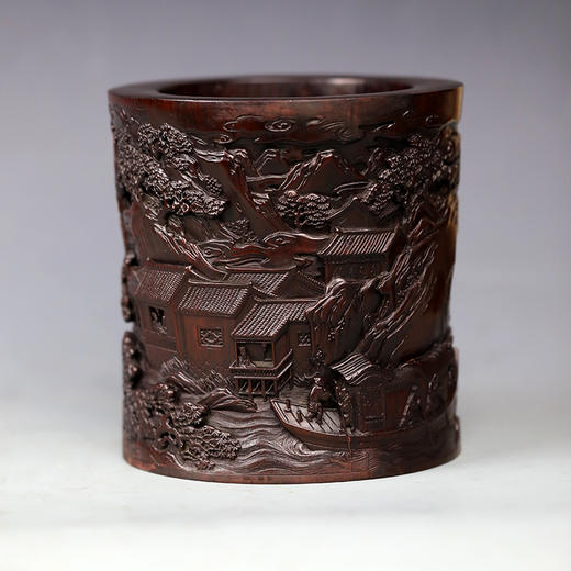 官代流传°黑檀深浮雕笔筒（微裂） 商品图1