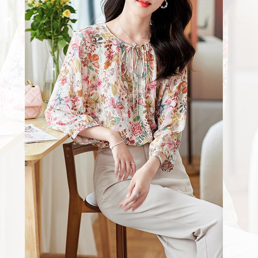 KQ-19175系带双绉真丝上衣女士秋新款宽松大码小衫设计感七分袖桑蚕丝衬衫 商品图2