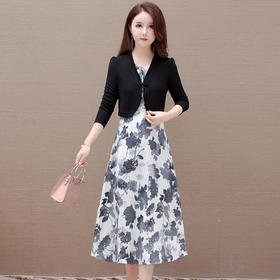 秋季新款，女装印花打底裙中长裙+短款黑色外套两件套连衣裙QYM-JJ-92501-Y