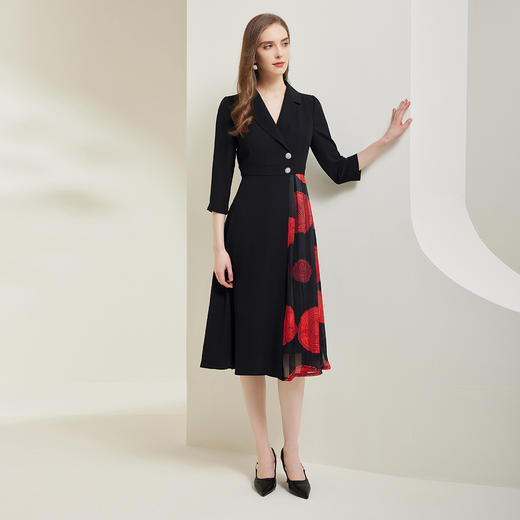 NG827斯尔丽瑟俪2023秋季不对称拼接印花白领收腰显瘦连衣裙 商品图3