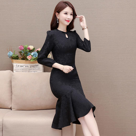 秋季新款，长袖裙优雅女士长裙旗袍改良鱼尾裙复古时尚连衣裙QYM-YX-MQ7786-Y 商品图1