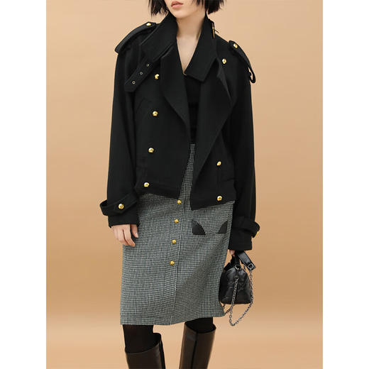 COCOBELLA质感PU拼接及膝千鸟格半身裙女秋冬气质A字裙HS551 商品图4