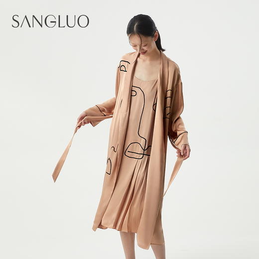 雅】SANGLUO 真丝睡袍原创抽象脸谱设计女士长款桑蚕丝睡衣家居服外穿 商品图0