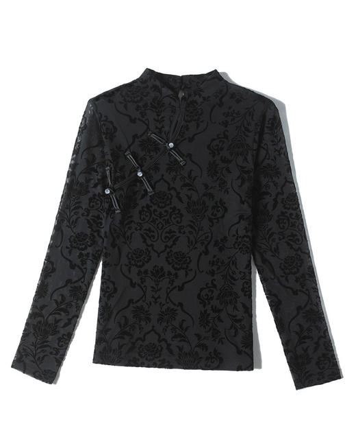 秋季新款，中式百搭黑色镂空植绒网纱盘扣长袖打底衫女t恤KQL-E37M2662 商品图1